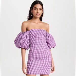 Caroline Constas purple & white gingham dress w/ off the shoulder puff sleeves